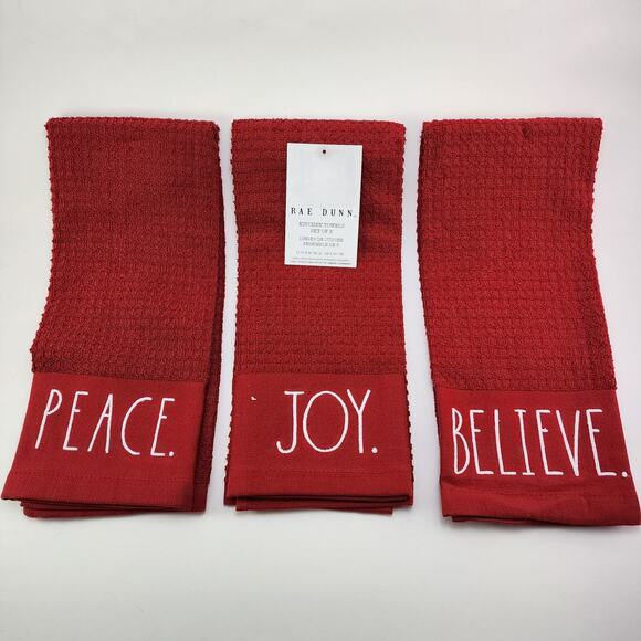 3 Rae Dunn Christmas Red Kitchen Towel Embroidered Peace Joy Believe 100% Cotton - Picture 1 of 9